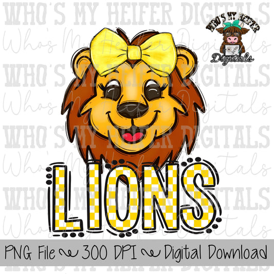 Yellow & White Lions PNG Hand Drawn Lions with Bow Sublimation PNG Game Day Shirt Design School Spirit PNG Checkered Lion Doodle Art