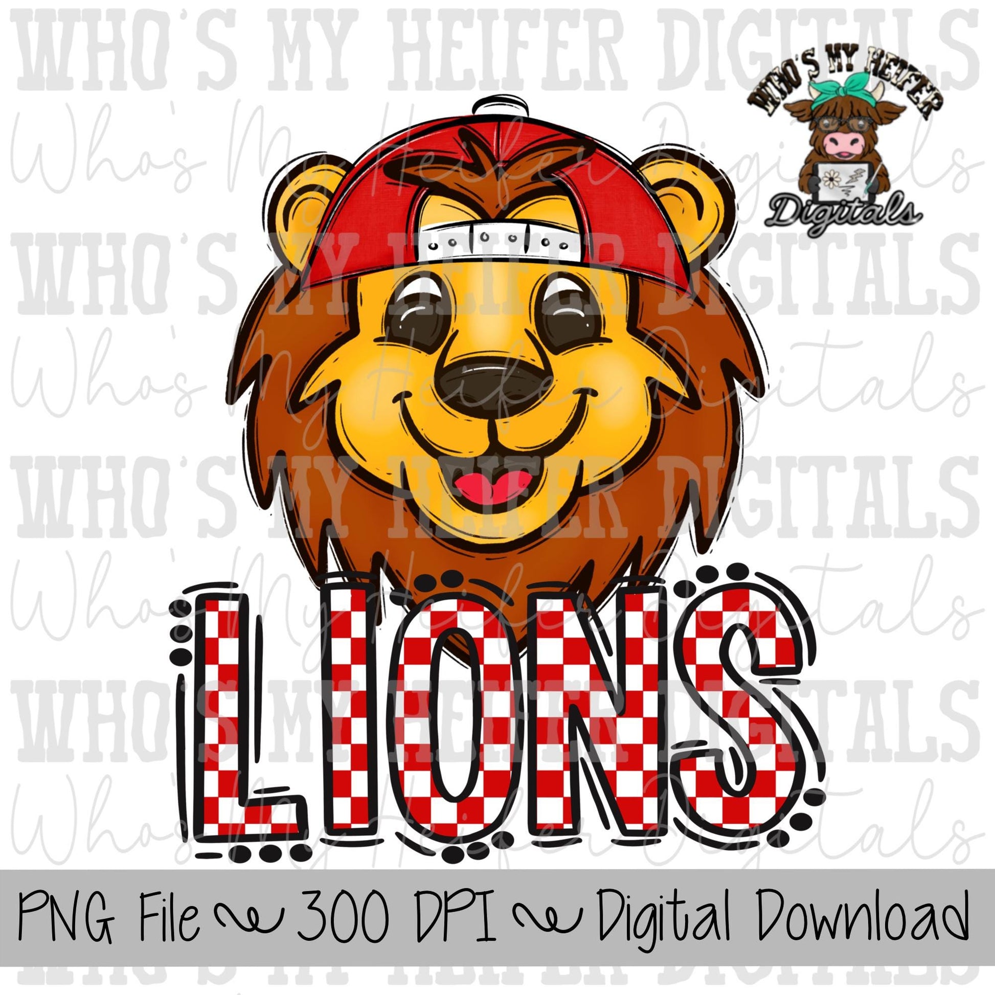 Red & White Lions PNG Hand Drawn Lions with Hat Sublimation PNG Game Day Shirt Design School Spirit PNG Checkered Lion Doodle Art