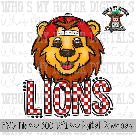 Red & White Lions PNG Hand Drawn Lions with Hat Sublimation PNG Game Day Shirt Design School Spirit PNG Checkered Lion Doodle Art