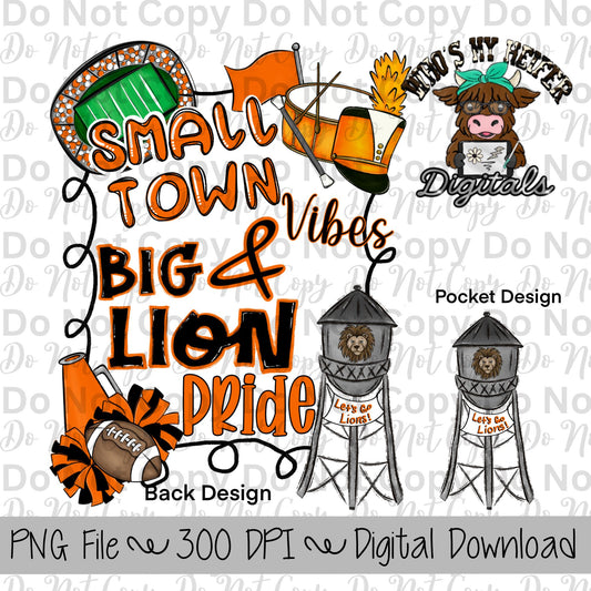 Small Town Vibes PNG Hand Drawn Lions Sublimation Design Game Day Shirt Designs School Spirit PNG File Big Lion Pride Digital Download