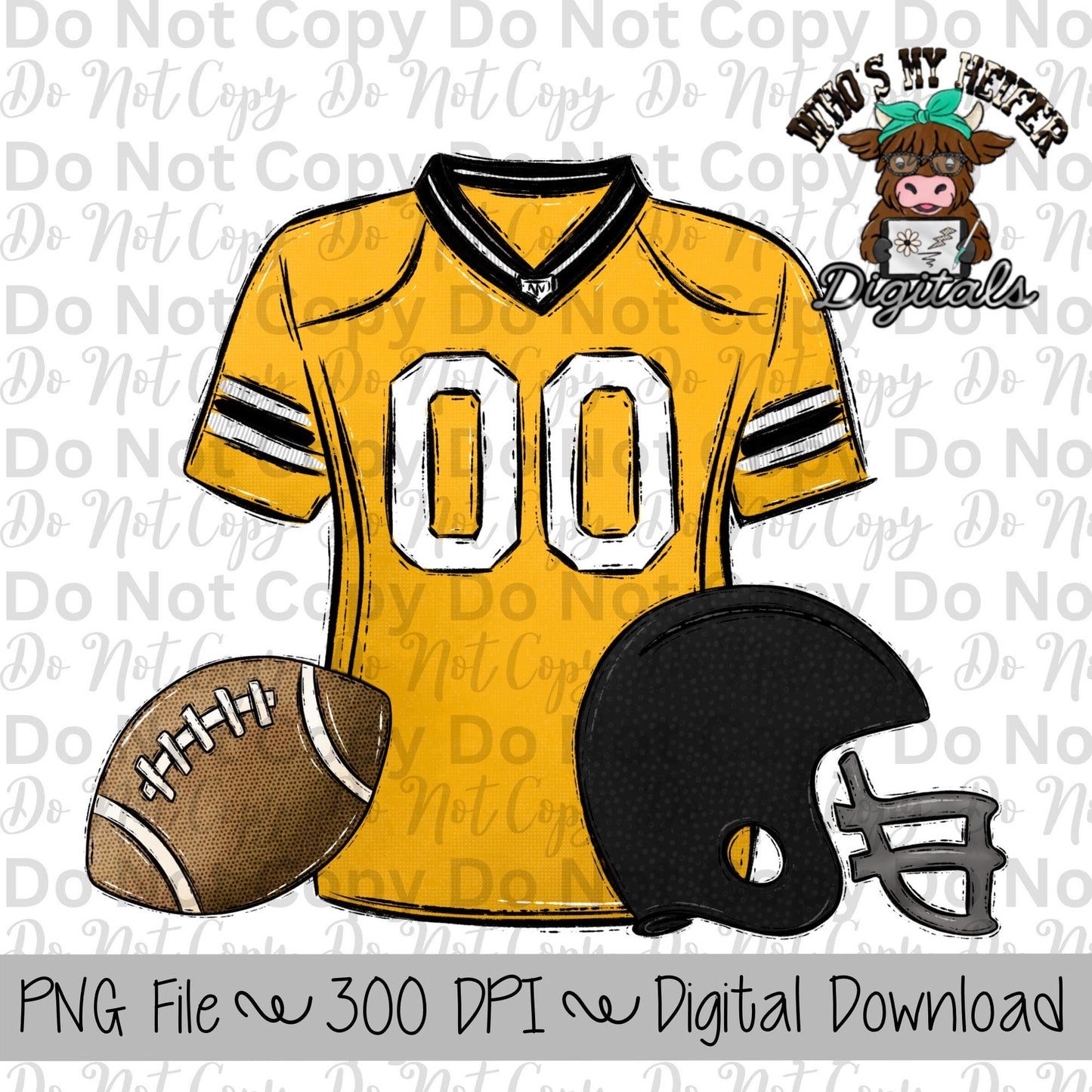 Gold and Black Football Trio PNG Hand Drawn Football, Jersey, & Helmet Sublimation Design Boy Game Day Shirt Design Football Gear Clipart