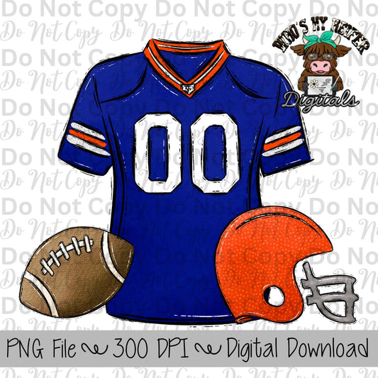 Orange and Blue Football Trio PNG Hand Drawn Football, Jersey, & Helmet Sublimation Design Boy Game Day Shirt Design Football Gear Clipart