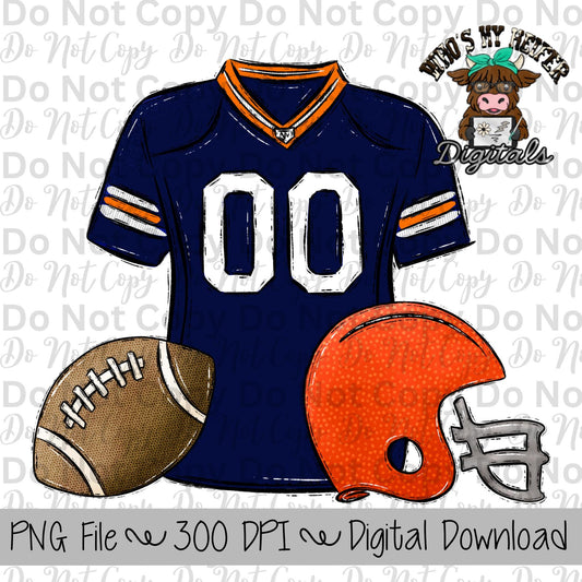 Orange and Navy Football Trio PNG Hand Drawn Football, Jersey, & Helmet Sublimation Design Boy Game Day Shirt Design Football Gear Clipart