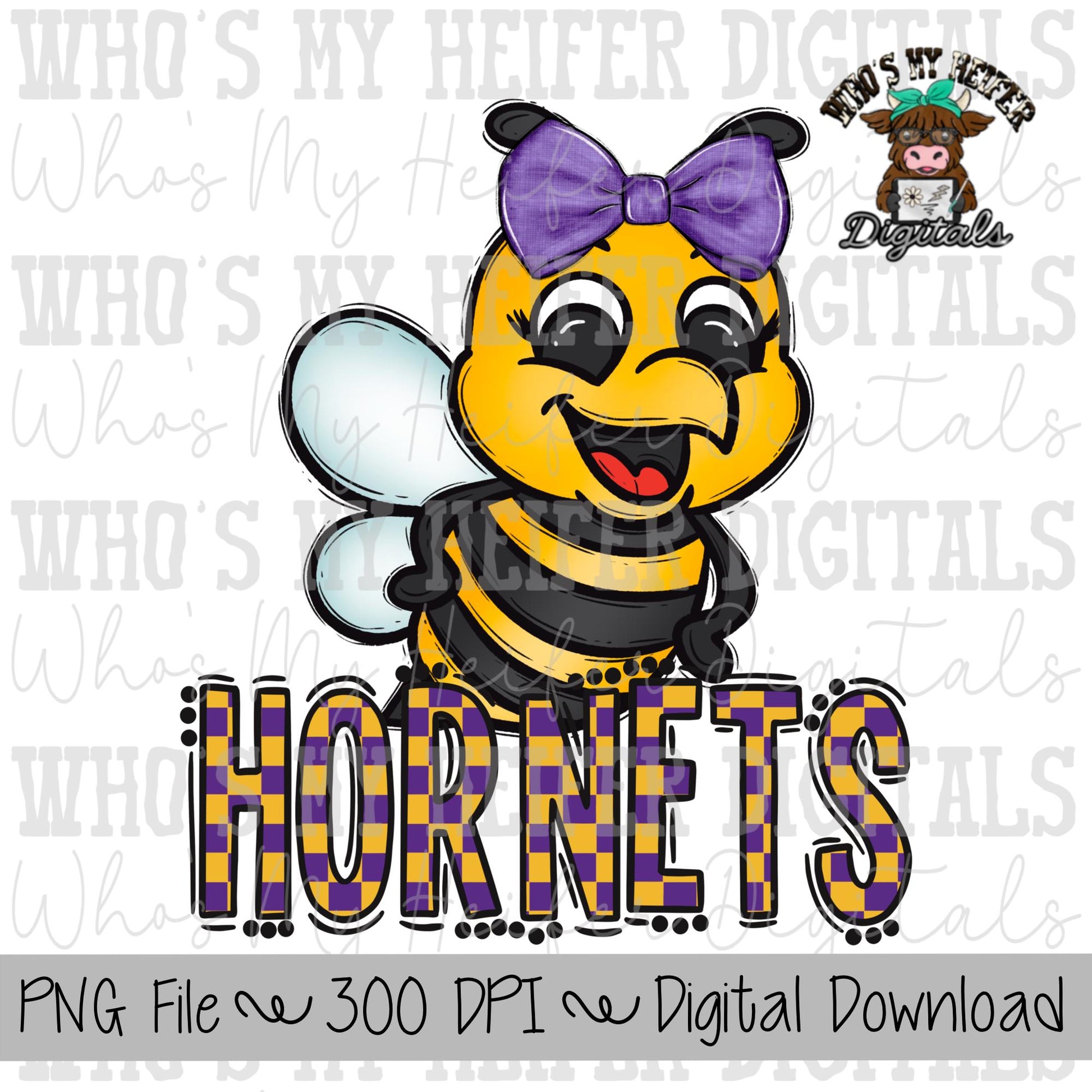 Purple & Yellow Hornet PNG Hand Drawn Hornet with Bow Sublimation PNG Game Day Shirt Designs School Spirit PNG Checkered Hornets Doodle Art