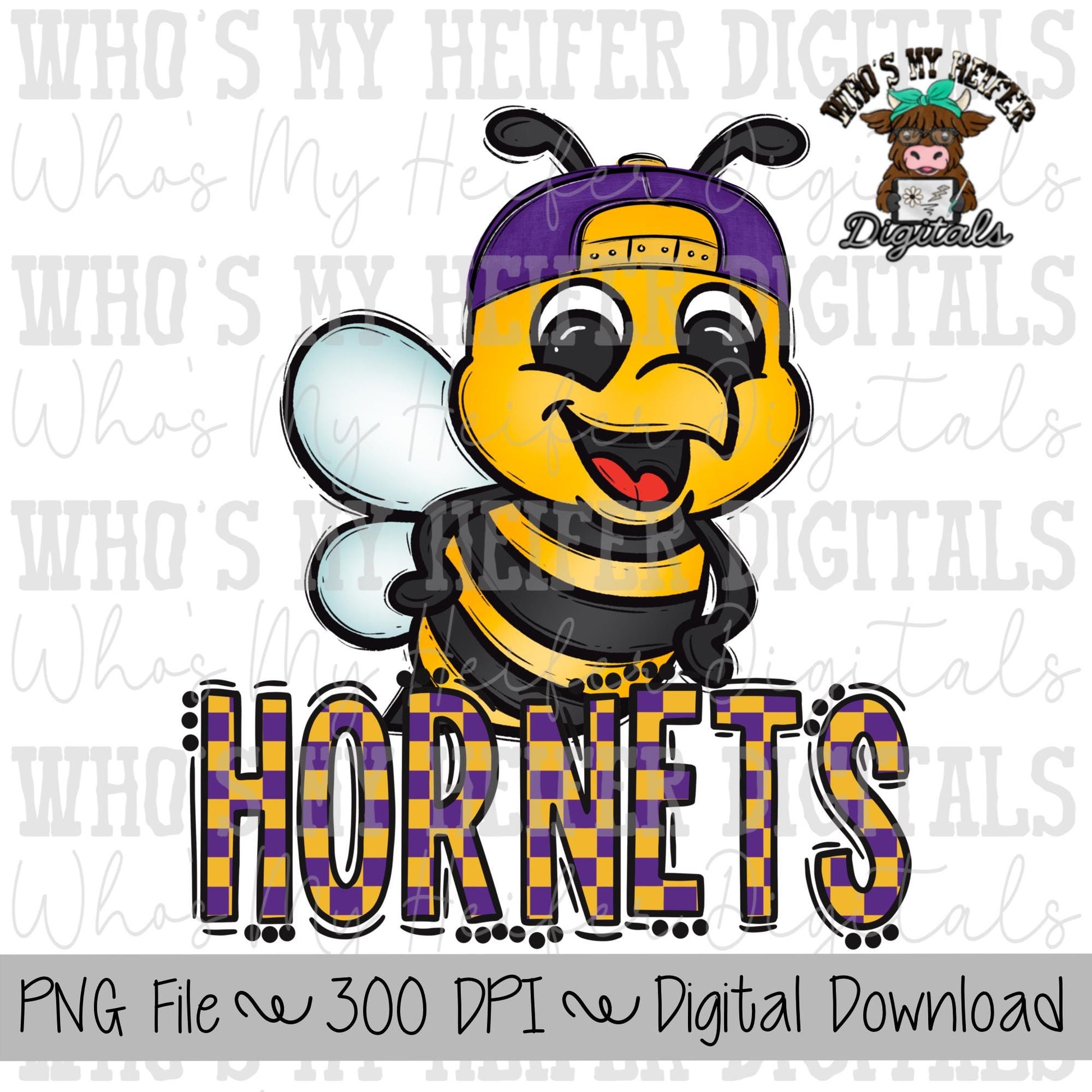 Purple & Yellow Hornet PNG Hand Drawn Hornet with Hat Sublimation PNG Game Day Shirt Designs School Spirit PNG Checkered Hornets Doodle Art