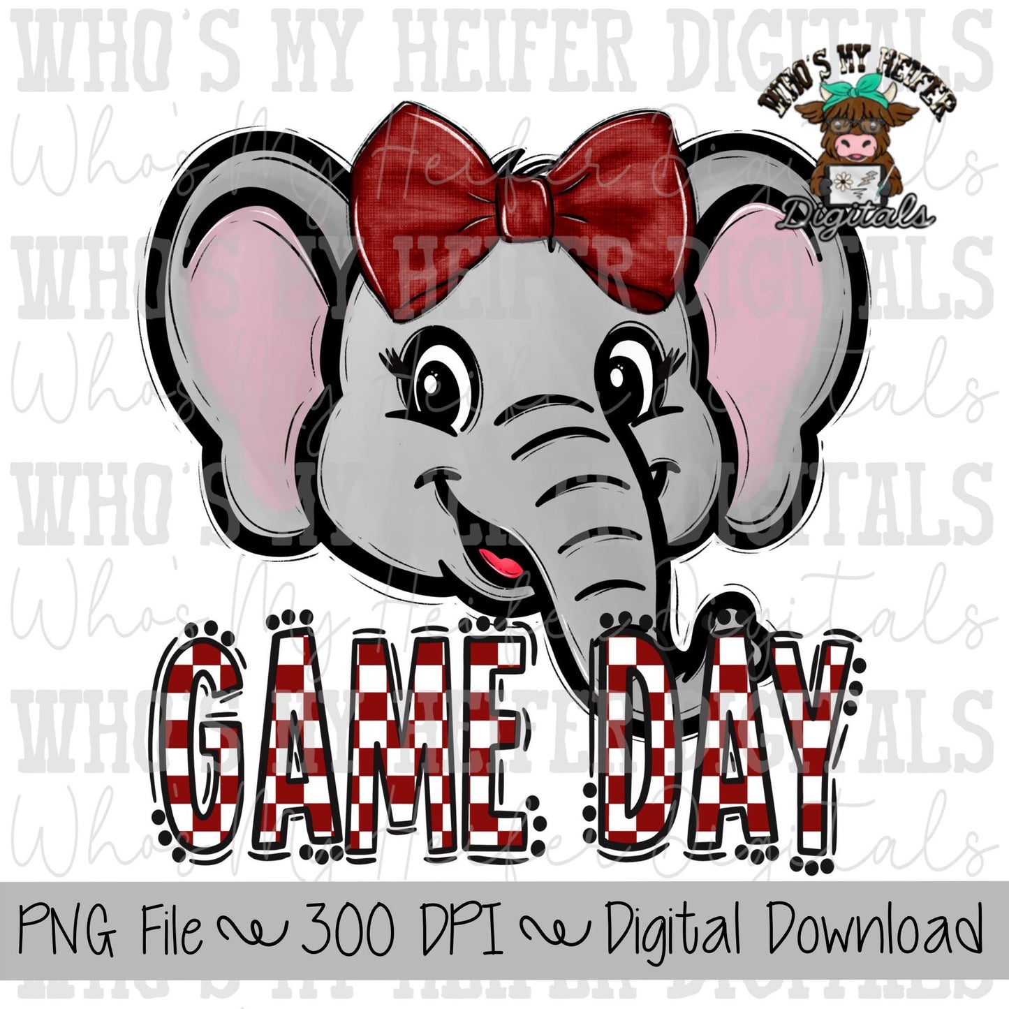 Red & White Elephant PNG Hand Drawn Elephant with Bow Sublimation PNG Game Day Shirt Designs School Spirit PNG Checkered Elephant Doodle Art