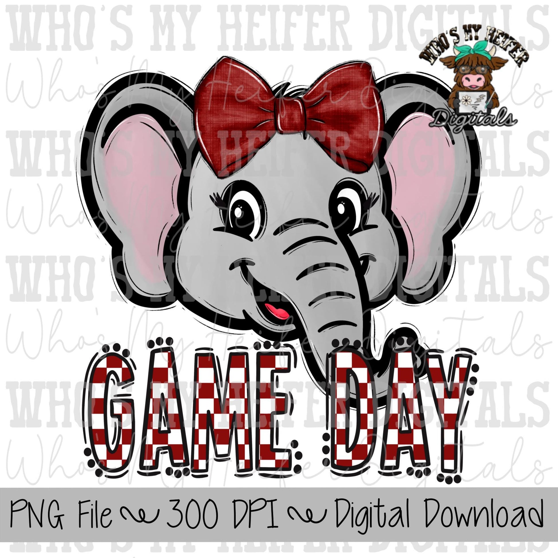 Red & White Elephant PNG Hand Drawn Elephant with Bow Sublimation PNG Game Day Shirt Designs School Spirit PNG Checkered Elephant Doodle Art