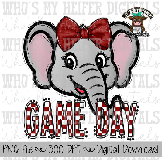 Red & White Elephant PNG Hand Drawn Elephant with Bow Sublimation PNG Game Day Shirt Designs School Spirit PNG Checkered Elephant Doodle Art
