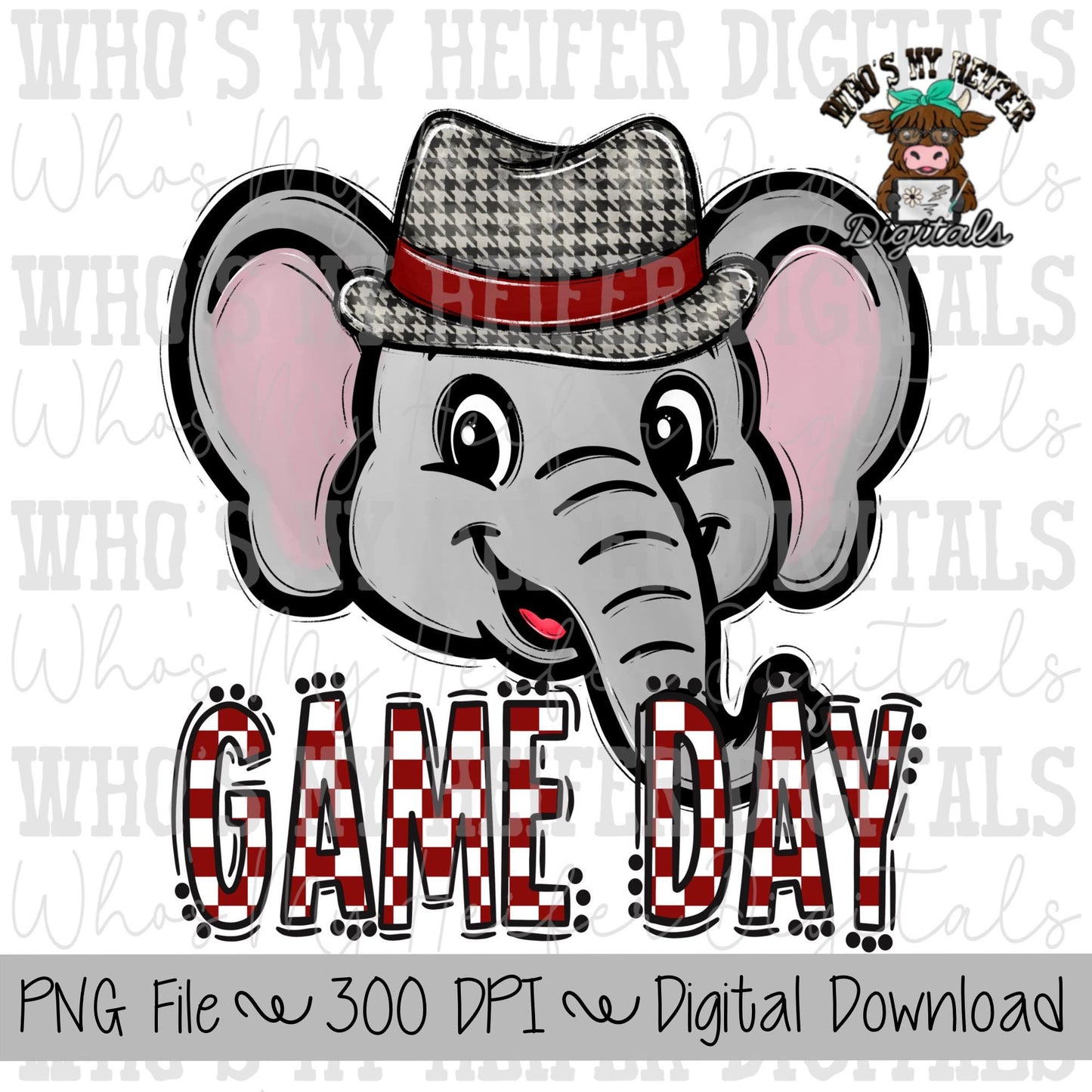 Red & White Elephant PNG Hand Drawn Elephant with Hat Sublimation PNG Game Day Shirt Designs School Spirit PNG Checkered Elephant Doodle Art