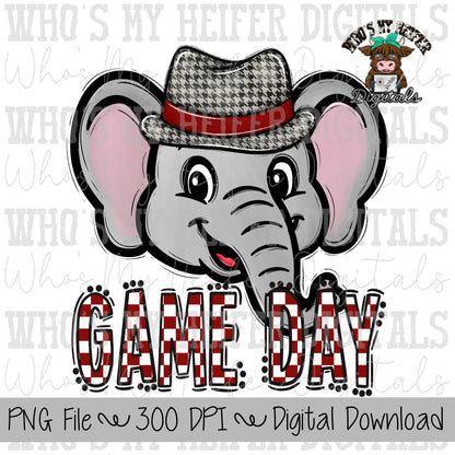 Red & White Elephant PNG Hand Drawn Elephant with Hat Sublimation PNG Game Day Shirt Designs School Spirit PNG Checkered Elephant Doodle Art