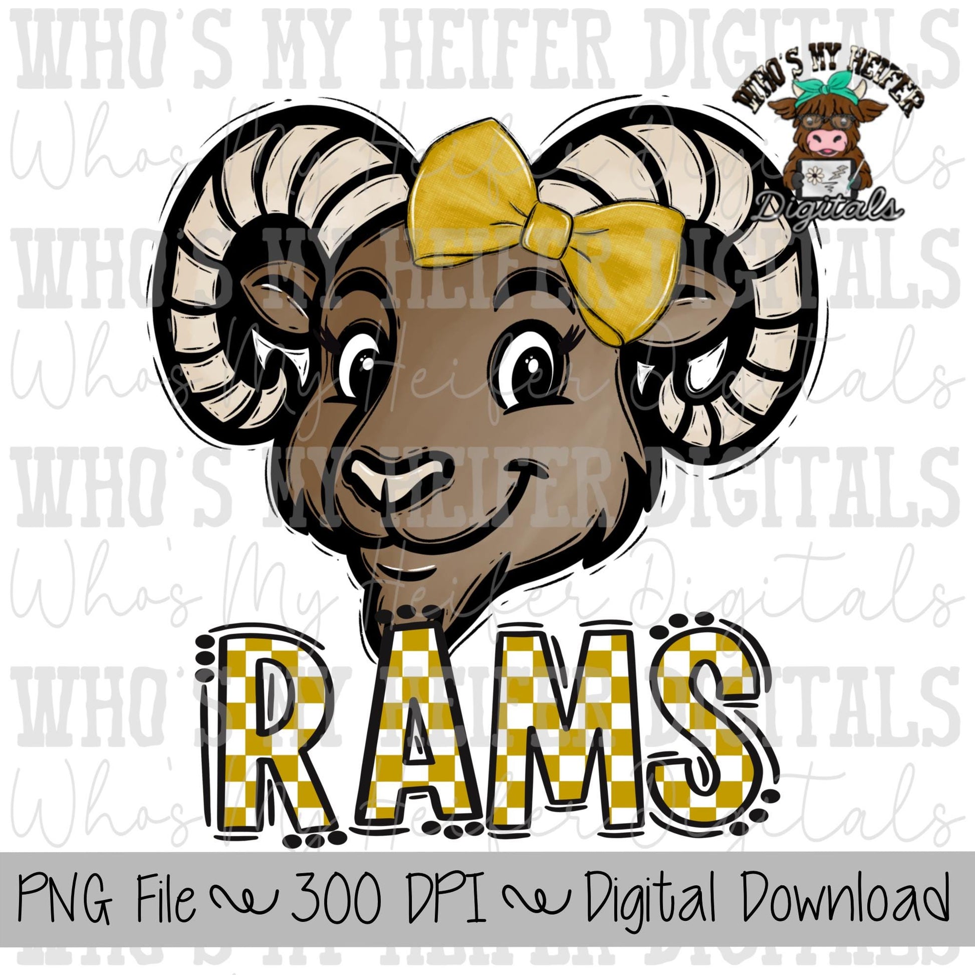 Gold & White Rams PNG Hand Drawn Ram with Bow Sublimation PNG Game Day Shirt Designs School Spirit PNG Checkered Rams Doodle Art