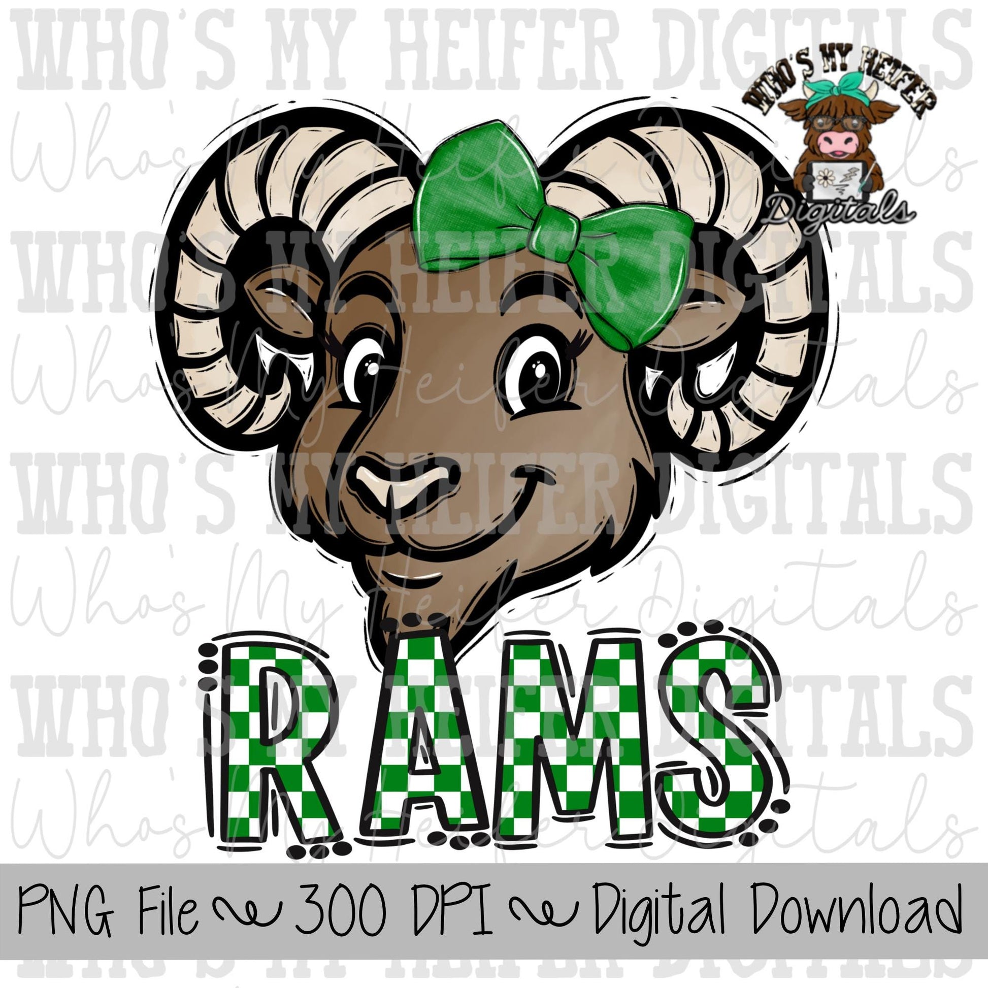 Green & White Rams PNG Hand Drawn Ram with Bow Sublimation PNG Game Day Shirt Designs School Spirit PNG Checkered Rams Doodle Art