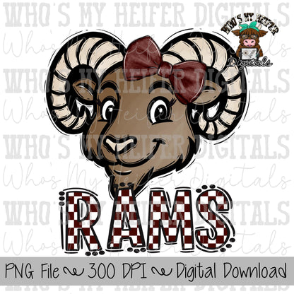 Maroon & White Rams PNG Hand Drawn Ram with Bow Sublimation PNG Game Day Shirt Designs School Spirit PNG Checkered Rams Doodle Art