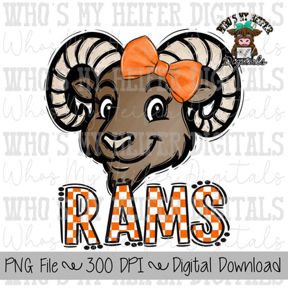 Orange & White Rams PNG Hand Drawn Ram with Bow Sublimation PNG Game Day Shirt Designs School Spirit PNG Checkered Rams Doodle Art