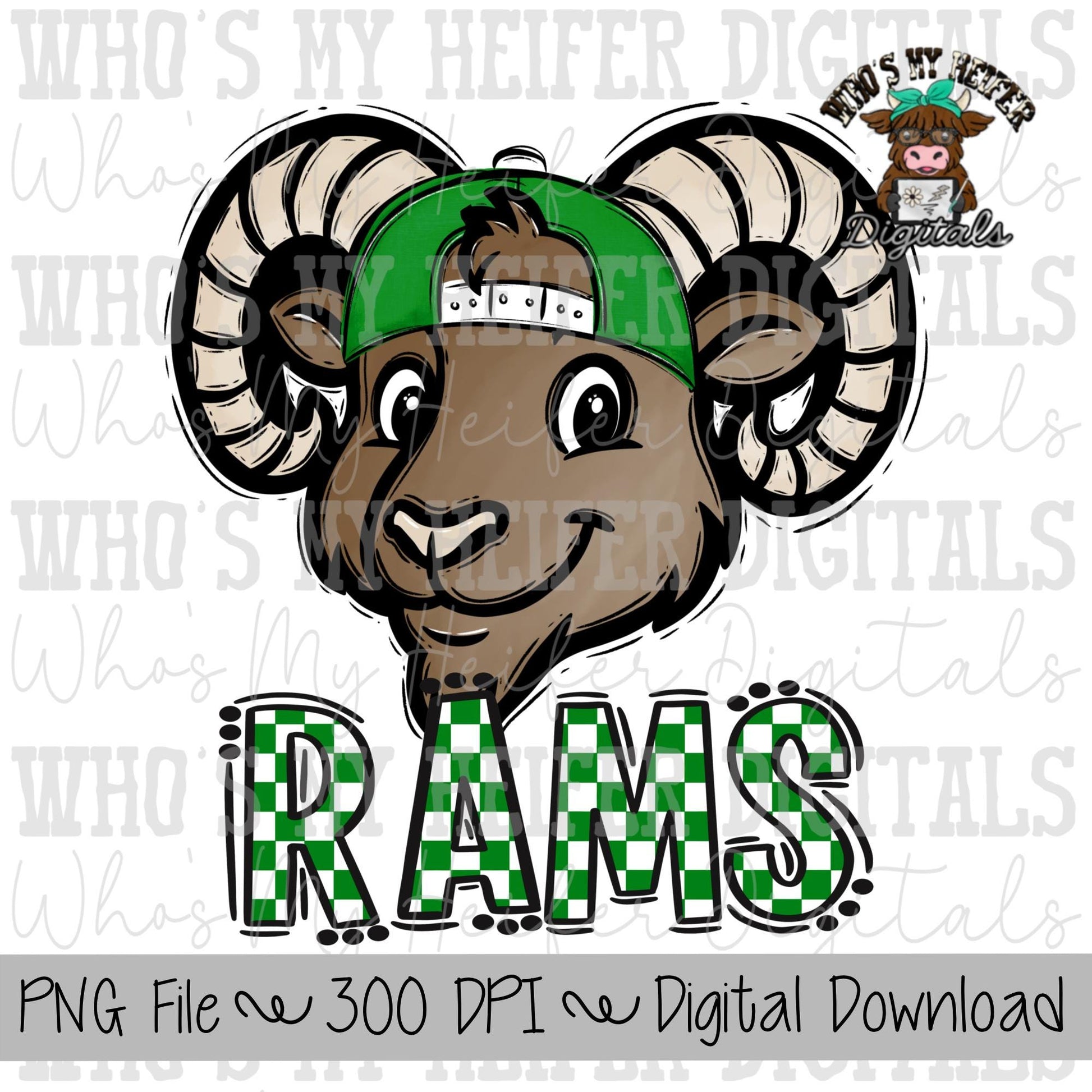 Green & White Rams PNG Hand Drawn Ram with Hat Sublimation PNG Game Day Shirt Designs School Spirit PNG Checkered Rams Doodle Art