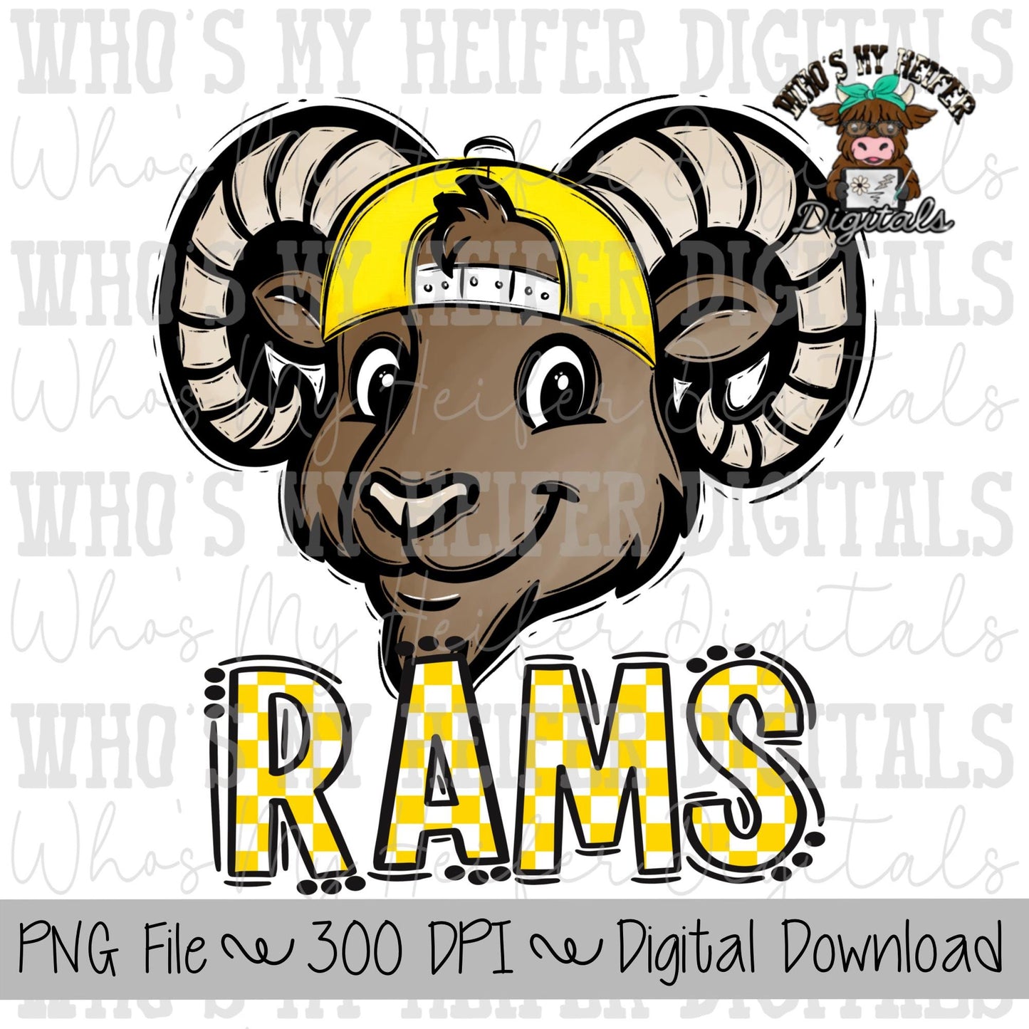 Yellow & White Rams PNG Hand Drawn Ram with Hat Sublimation PNG Game Day Shirt Designs School Spirit PNG Checkered Rams Doodle Art