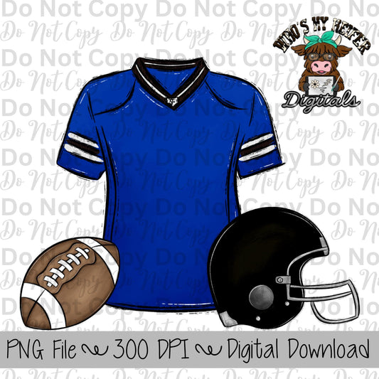 Blue and Black Football Trio PNG Hand Drawn Football, Jersey, & Helmet Sublimation Design Boy Game Day Shirt Design Football Gear Clipart