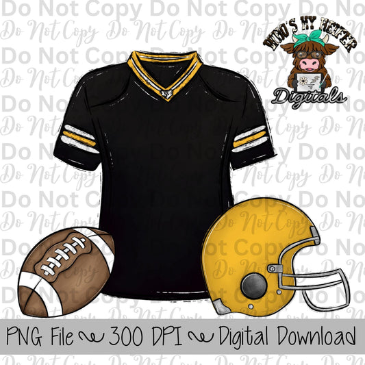 Black and Gold Football Trio PNG Hand Drawn Football, Jersey, & Helmet Sublimation Design Boy Game Day Shirt Design Football Gear Clipart