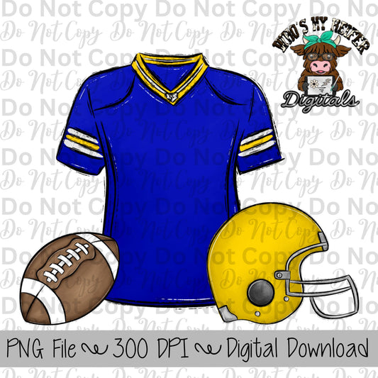 Blue and Yellow Football Trio PNG Hand Drawn Football, Jersey, & Helmet Sublimation Design Boy Game Day Shirt Design Football Gear Clipart
