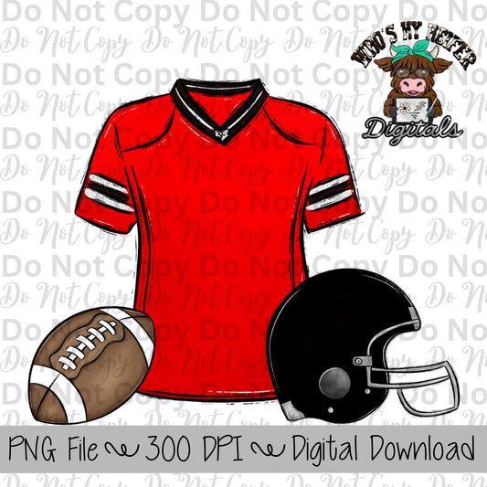 Red and Black Football Trio PNG Hand Drawn Football, Jersey, & Helmet Sublimation Design Boy Game Day Shirt Design Football Gear Clipart
