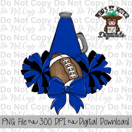 Blue and Black Football Cheer PNG Hand Drawn Football, Pompoms, & Cheer Bow Sublimation Design Girl Game Day Shirt Design Cheer Clipart
