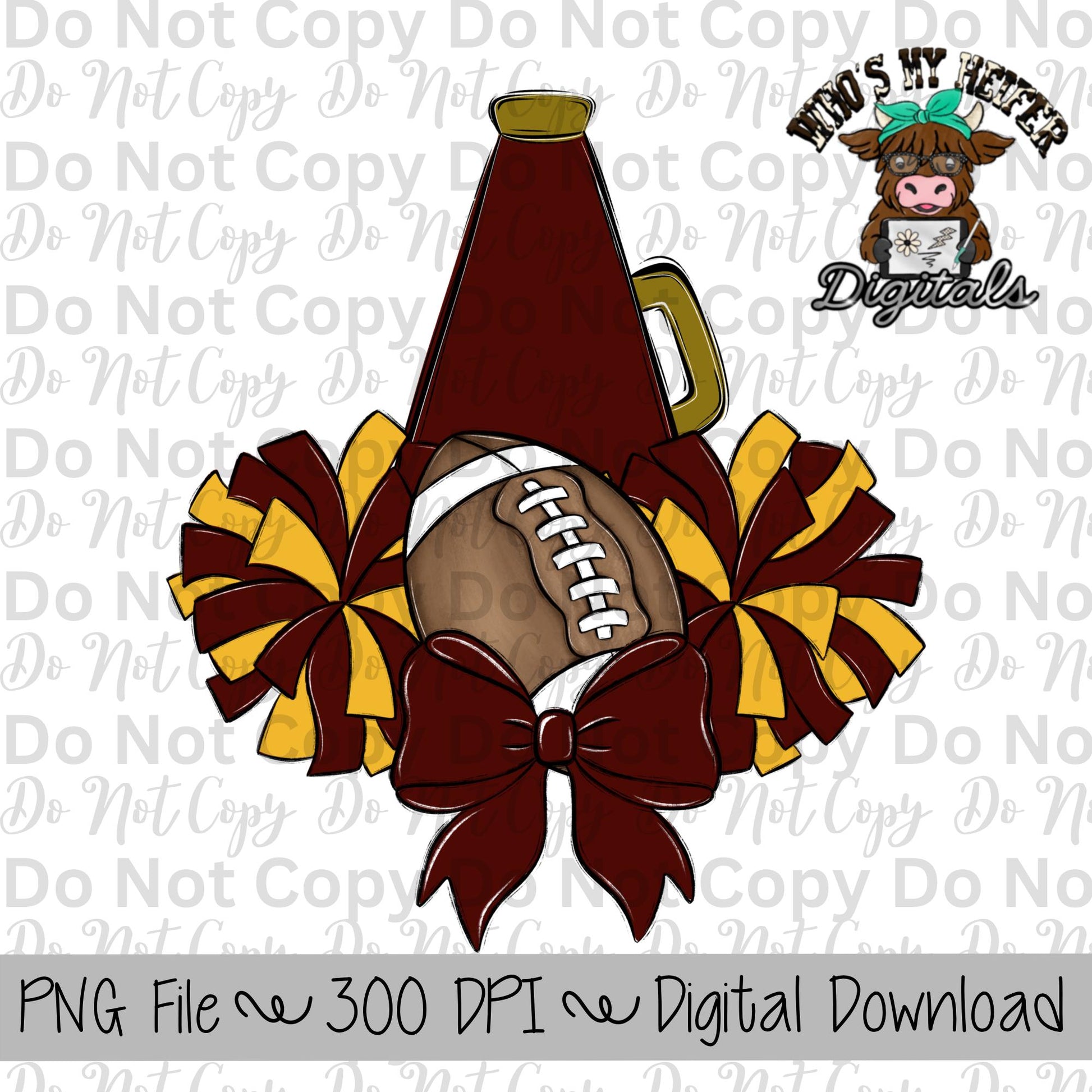 Burgundy and Gold Football Cheer PNG Hand Drawn Football, Pompoms, & Cheer Bow Sublimation Design Girl Game Day Shirt Design Cheer Clipart