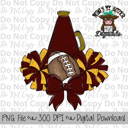Burgundy and Gold Football Cheer PNG Hand Drawn Football, Pompoms, & Cheer Bow Sublimation Design Girl Game Day Shirt Design Cheer Clipart