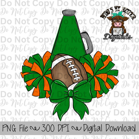 Green and Orange Football Cheer PNG Hand Drawn Football, Pompoms, & Cheer Bow Sublimation Design Girl Game Day Shirt Design Cheer Clipart
