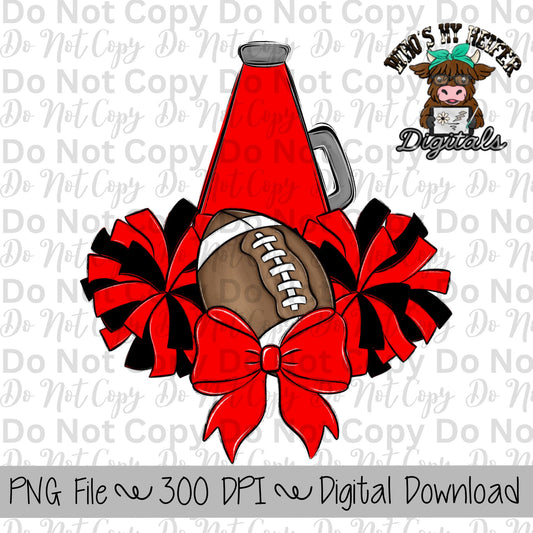 Red and Black Football Cheer PNG Hand Drawn Football, Pompoms, & Cheer Bow Sublimation Design Girl Game Day Shirt Design Cheer Clipart
