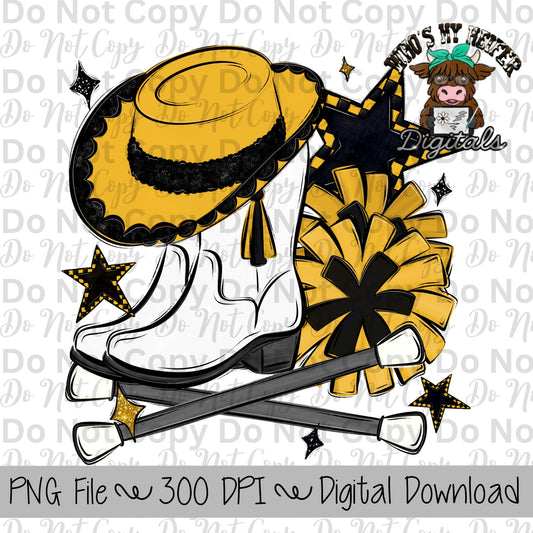 Yellow and Black Drill Team PNG Hand Drawn Pompoms, Drill Hat, & Baton Twirler Sublimation Design Girl Game Day Shirt Design Drill Team Boot