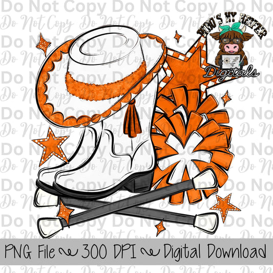 Orange and White Drill Team PNG Hand Drawn Pompoms, Drill Hat, & Baton Twirler Sublimation Design Band Game Day Shirt Design Drill Team Boot