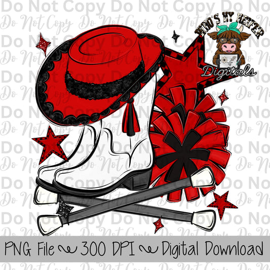 Red and Black Drill Team PNG Hand Drawn Pompoms, Drill Hat, & Baton Twirler Sublimation Design Band Game Day Shirt Design Drill Team Boots