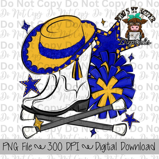 Blue and Yellow Drill Team PNG Hand Drawn Pompoms, Drill Hat, & Baton Twirler Sublimation Design Girl Game Day Shirt Design Drill Team Boots