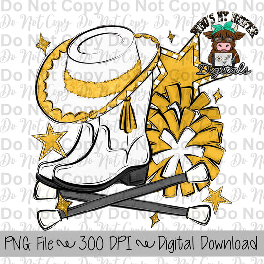 Yellow and White Drill Team PNG Hand Drawn Pompoms, Drill Hat, & Baton Twirler Sublimation Design Band Game Day Shirt Design Drill Team Boot