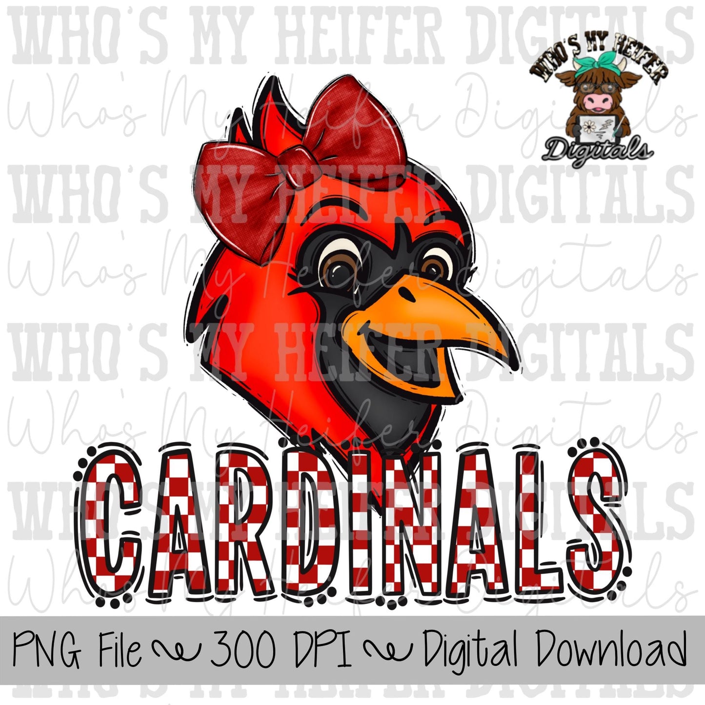 Red & White Cardinal PNG Hand Drawn Cardinal with Bow Sublimation PNG Game Day Shirt Designs School Spirit PNG Checkered Cardinal Doodle Art