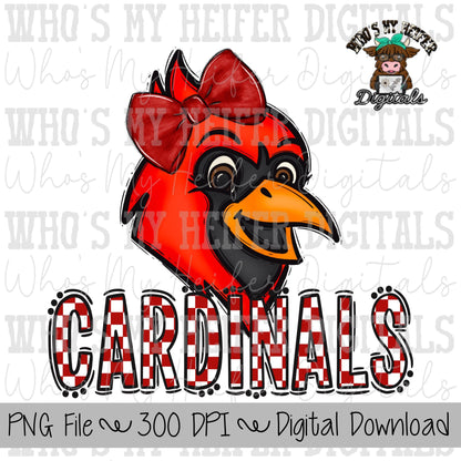 Red & White Cardinal PNG Hand Drawn Cardinal with Bow Sublimation PNG Game Day Shirt Designs School Spirit PNG Checkered Cardinal Doodle Art