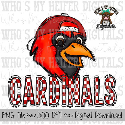 Red & White Cardinal PNG Hand Drawn Cardinal with Hat Sublimation PNG Game Day Shirt Designs School Spirit PNG Checkered Cardinal Doodle Art