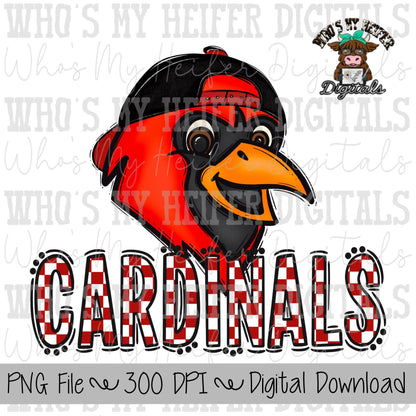 Red & Black Cardinal PNG Hand Drawn Cardinal with Hat Sublimation PNG Game Day Shirt Designs School Spirit PNG Checkered Cardinal Doodle Art