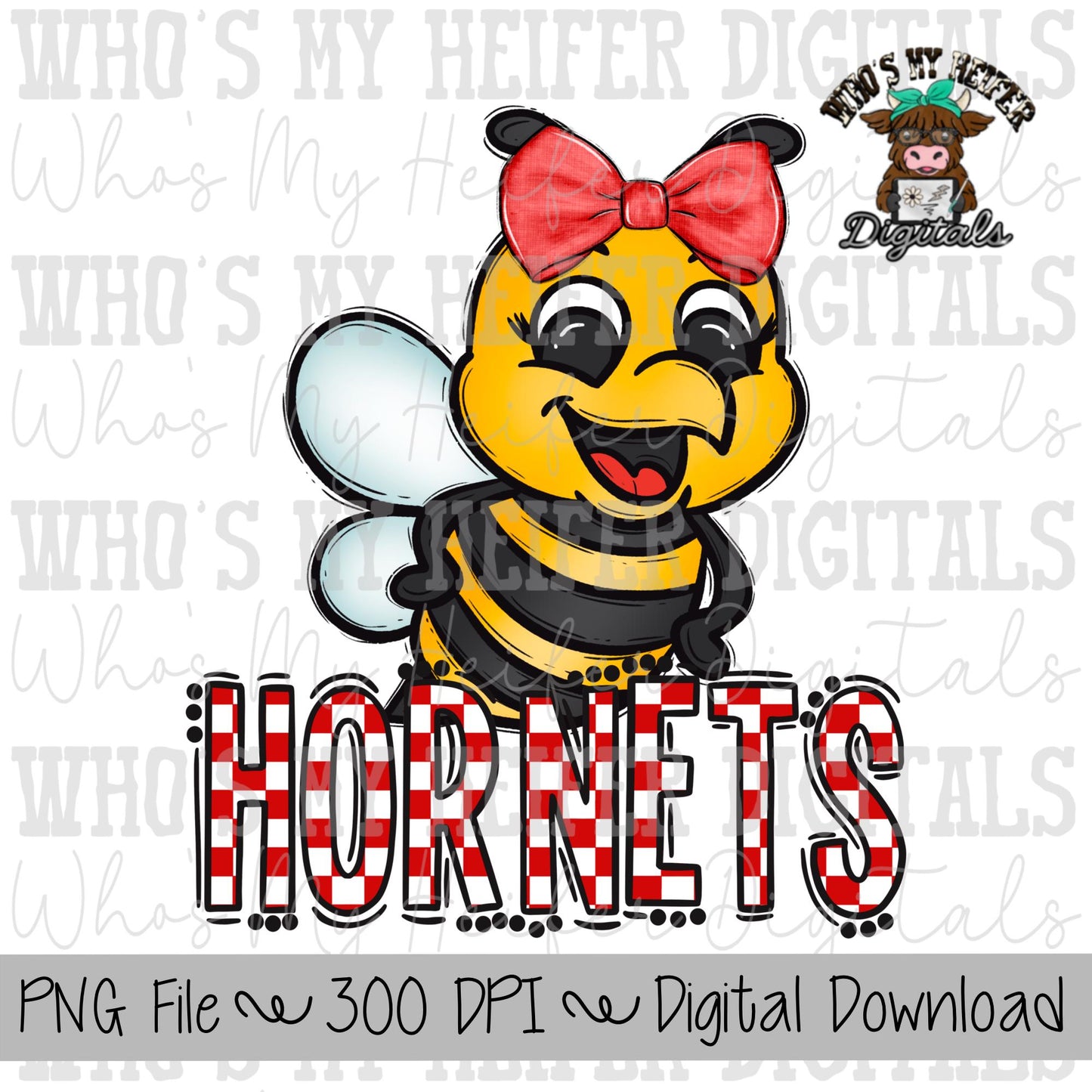 Red & White Hornet PNG Hand Drawn Hornet with Bow Sublimation PNG Game Day Shirt Designs School Spirit PNG Checkered Hornets Doodle Art