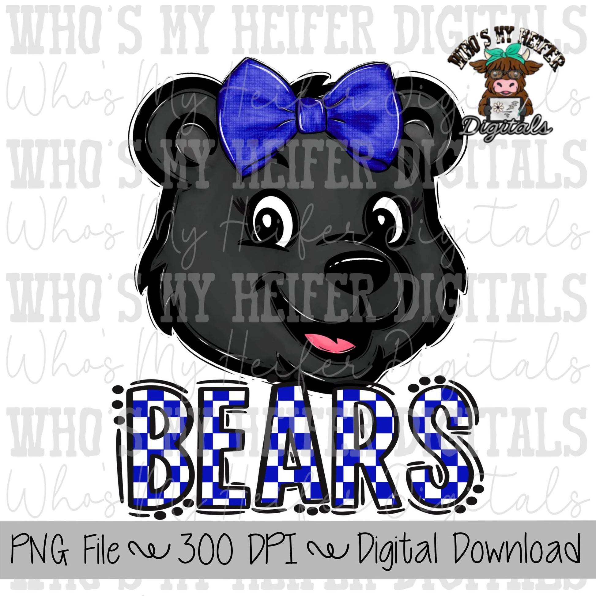 Blue & White Bears PNG Hand Drawn Bear with Bow Sublimation PNG Game Day Shirt Designs School Spirit PNG Checkered Bear Digital Download