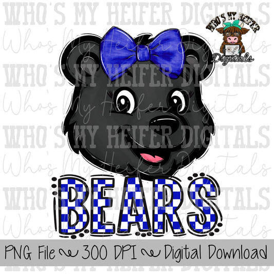 Blue & White Bears PNG Hand Drawn Bear with Bow Sublimation PNG Game Day Shirt Designs School Spirit PNG Checkered Bear Digital Download
