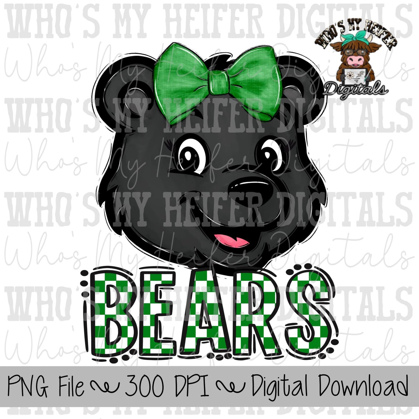 Green & White Bears PNG Hand Drawn Bear with Bow Sublimation PNG Game Day Shirt Designs School Spirit PNG Checkered Bear Digital Download