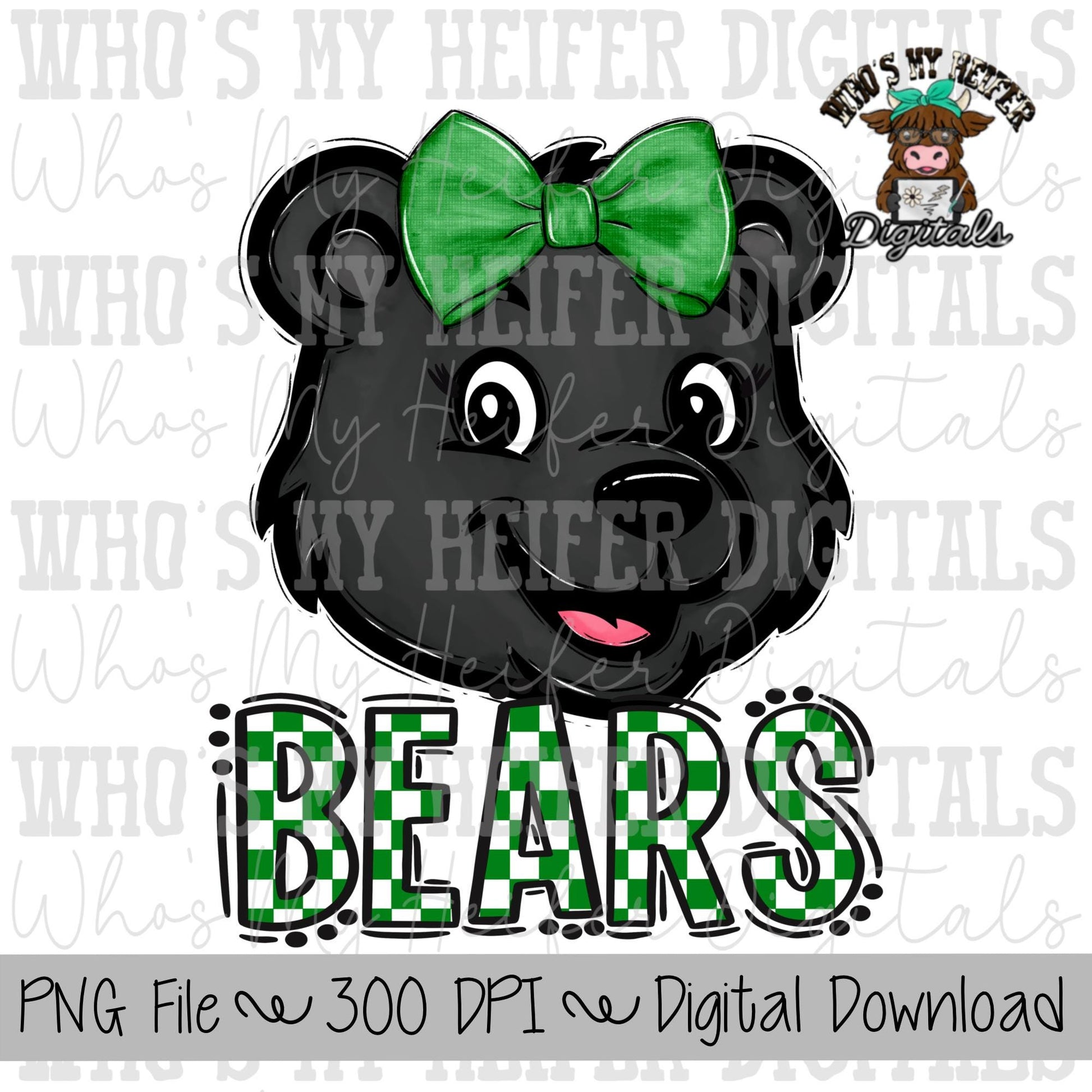 Green & White Bears PNG Hand Drawn Bear with Bow Sublimation PNG Game Day Shirt Designs School Spirit PNG Checkered Bear Digital Download
