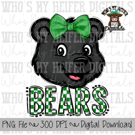 Green & White Bears PNG Hand Drawn Bear with Bow Sublimation PNG Game Day Shirt Designs School Spirit PNG Checkered Bear Digital Download