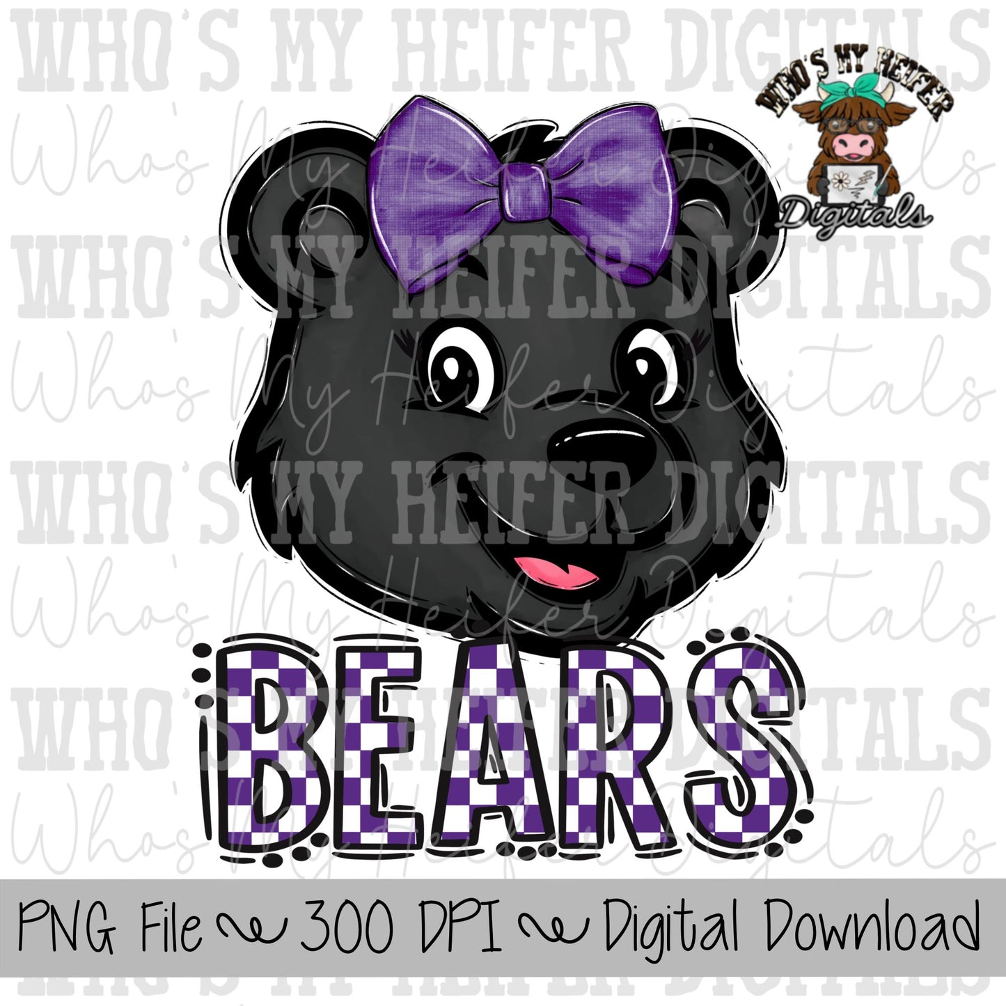 Purple & White Bears PNG Hand Drawn Bear with Bow Sublimation PNG Game Day Shirt Designs School Spirit PNG Checkered Bear Digital Download