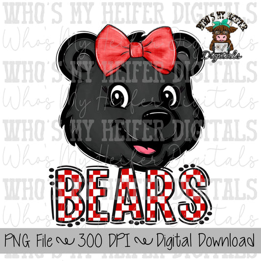 Red & White Bears PNG Hand Drawn Bear with Bow Sublimation PNG Game Day Shirt Designs School Spirit PNG Checkered Bear Digital Download