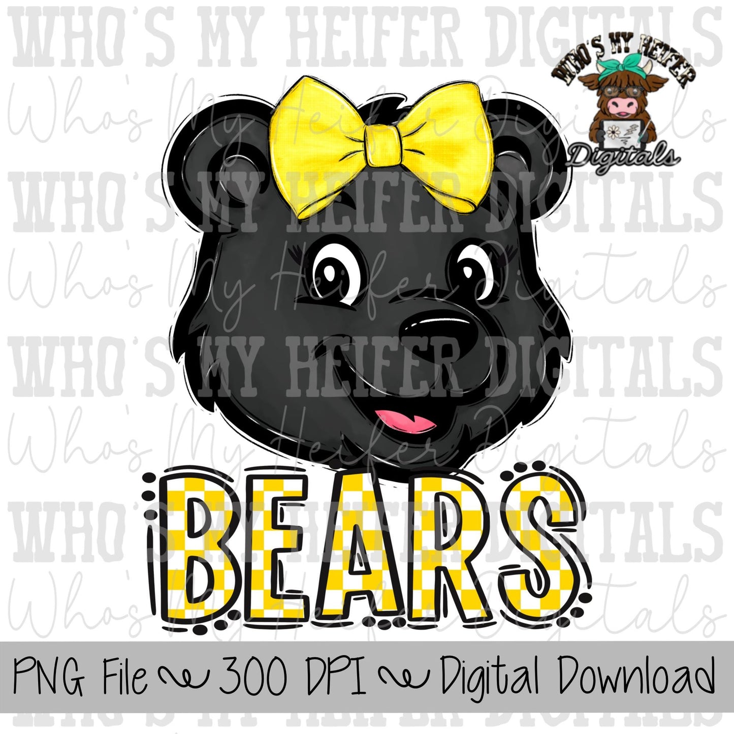 Yellow & White Bears PNG Hand Drawn Bear with Bow Sublimation PNG Game Day Shirt Designs School Spirit PNG Checkered Bear Digital Download