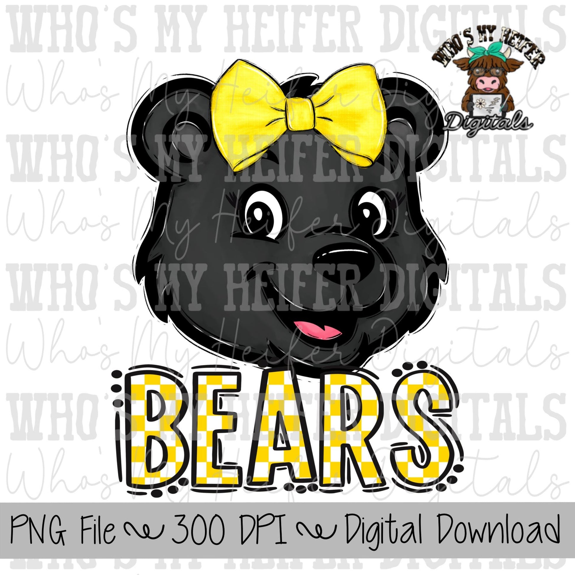 Yellow & White Bears PNG Hand Drawn Bear with Bow Sublimation PNG Game Day Shirt Designs School Spirit PNG Checkered Bear Digital Download