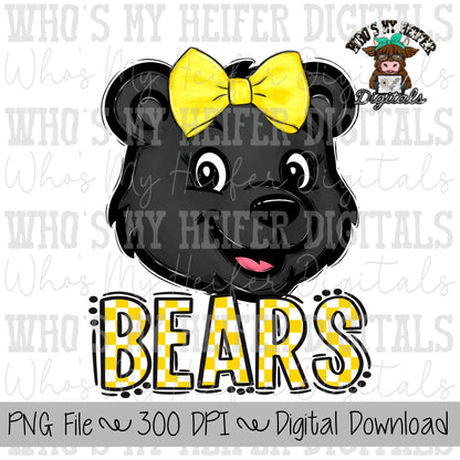 Yellow & White Bears PNG Hand Drawn Bear with Bow Sublimation PNG Game Day Shirt Designs School Spirit PNG Checkered Bear Digital Download