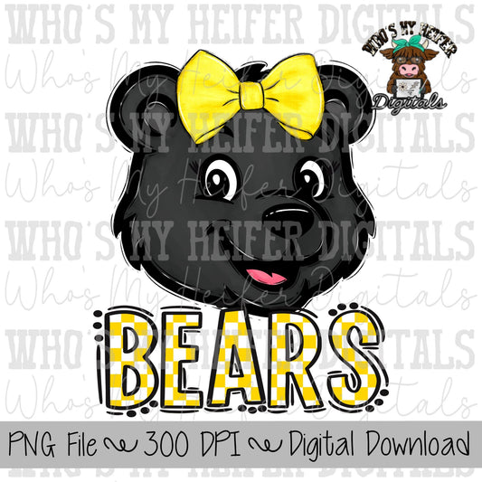 Yellow & White Bears PNG Hand Drawn Bear with Bow Sublimation PNG Game Day Shirt Designs School Spirit PNG Checkered Bear Digital Download